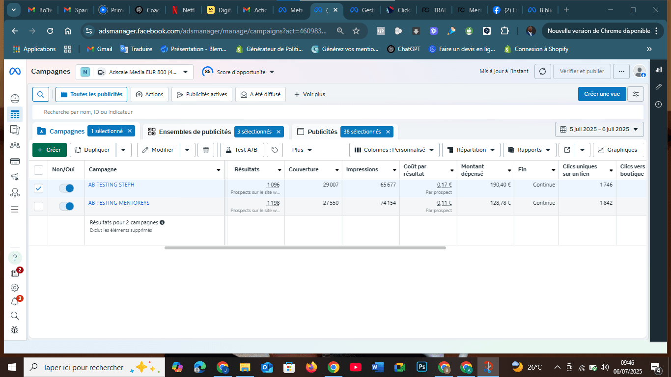 Optimisation Campagnes Meta Ads – AB Testing STEPH & MENTOREYS